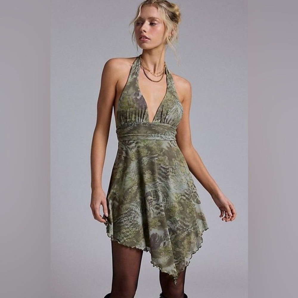 UO Jessa Mesh Halterneck Dress - Green Mini Y2K Handkerchief Hem Dress
